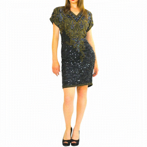 Laurence Kazar Vintage Beaded Cocktail Evening Shift Dress in Black & Gold
